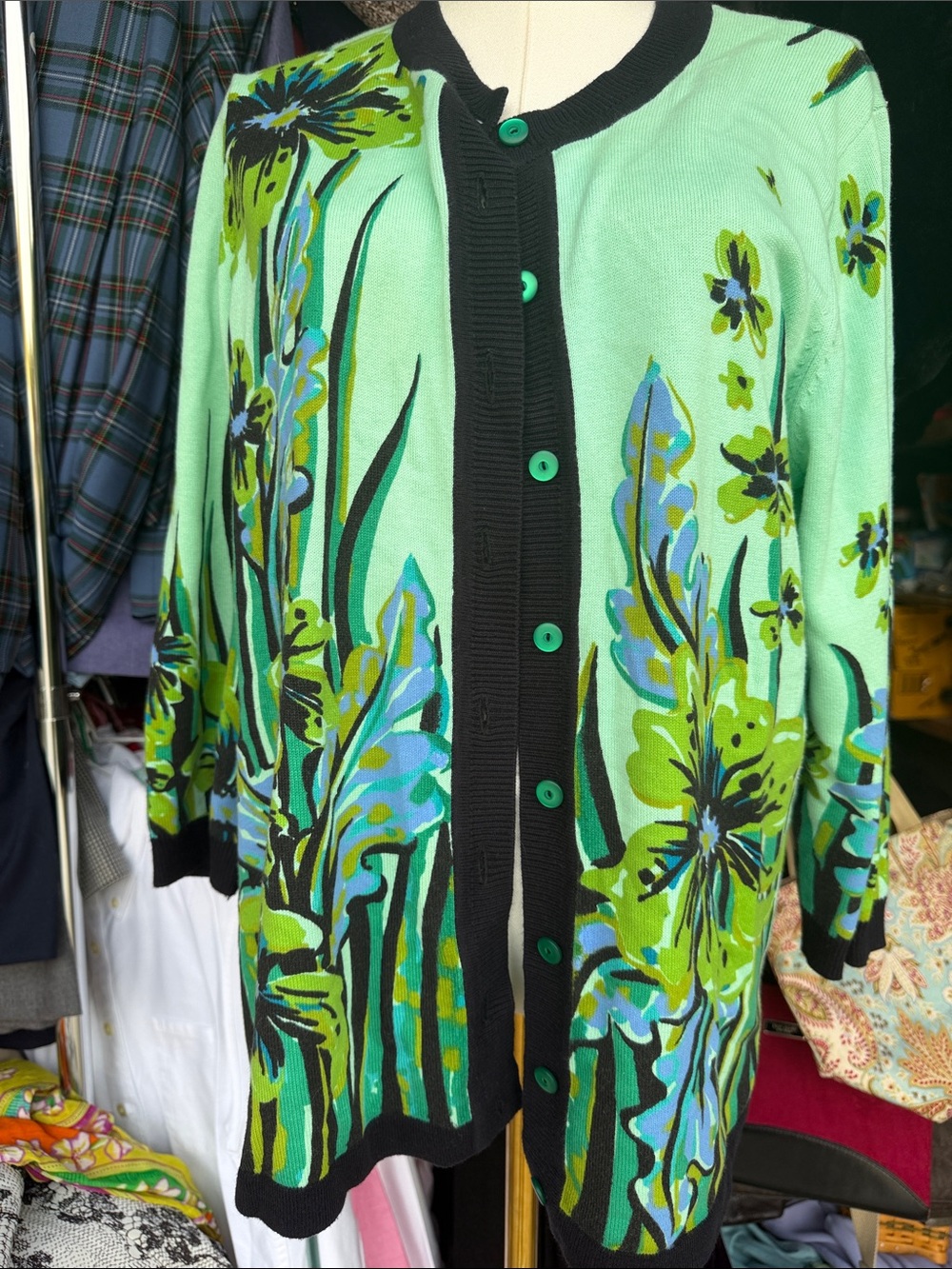 Bob Mackie Mint Green Floral Button-Front Cardigan with Black Trim